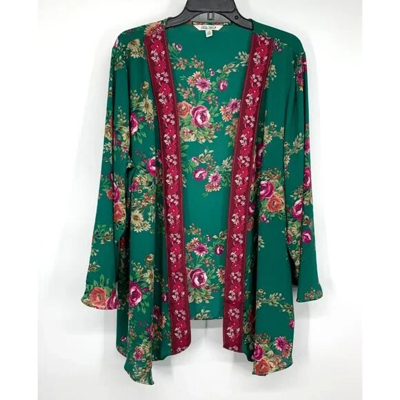 Pioneer Kimono Green Floral Print Embroidered Open Front - Picture 2 of 10